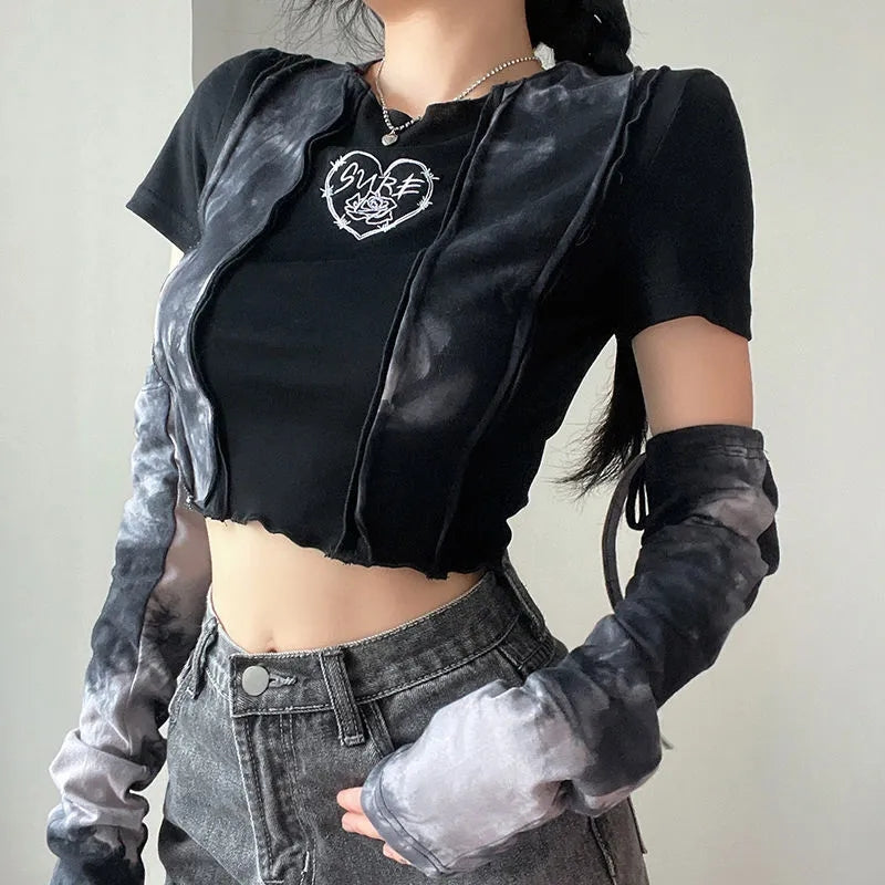Black & Grey Patchwork Crop Top with Sleeve