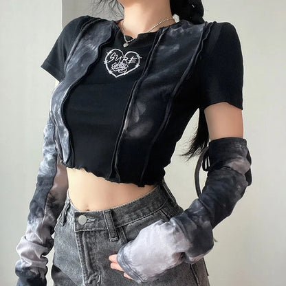 Black & Grey Patchwork Crop Top with Sleeve
