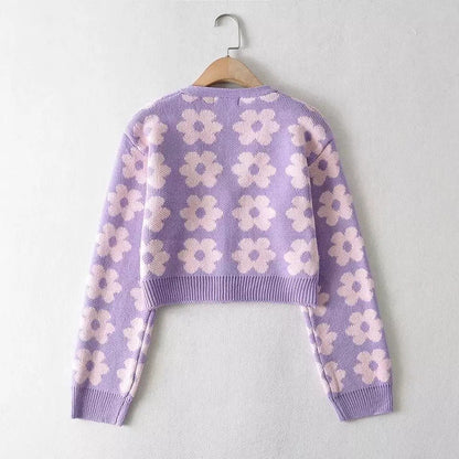 Cute Vintage 90s Purple Pink Flowers Cardigan Long Sleeve Shirt Top V Neck Sweater Jumper Aesthetic E-Girl Kawaii Korean Japanese Harajuku Streetwear