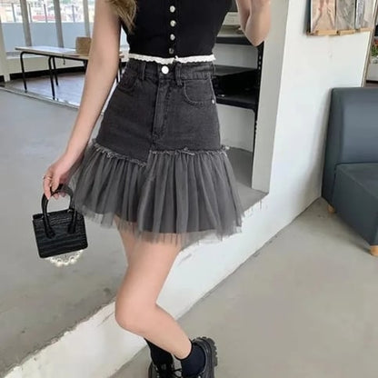 Black Tulle Patchwork Denim Skirt