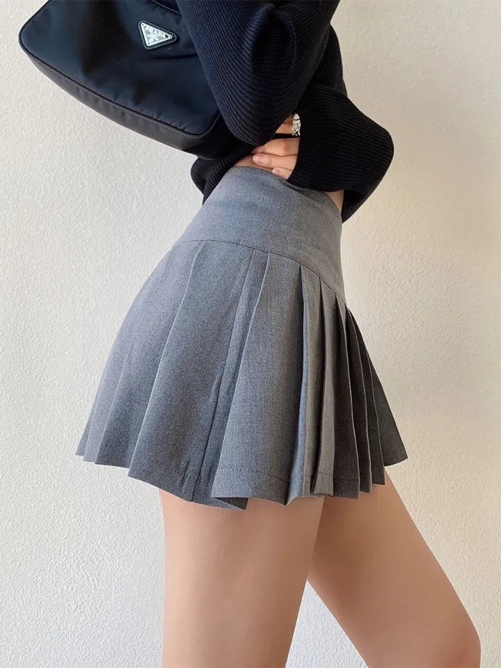 Grey Split Pleated Mini Skirt