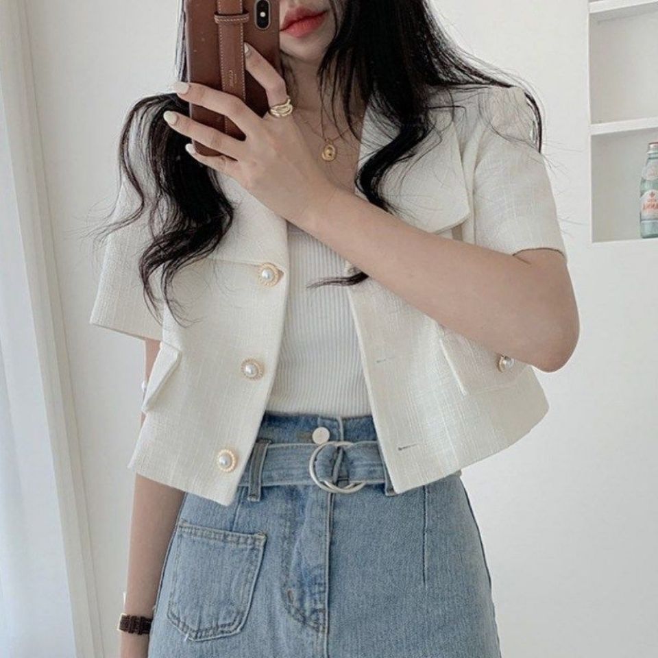 White Pearl Button Tweed Short Sleeve Blouse
