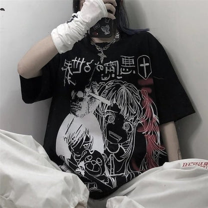 Dark Anime Girl Cartoon Print Loose Short Sleeve T-shirt Top Summer Causal Goth Punk E-Girl Kawaii Korean Japanese Harajuku Streetwear