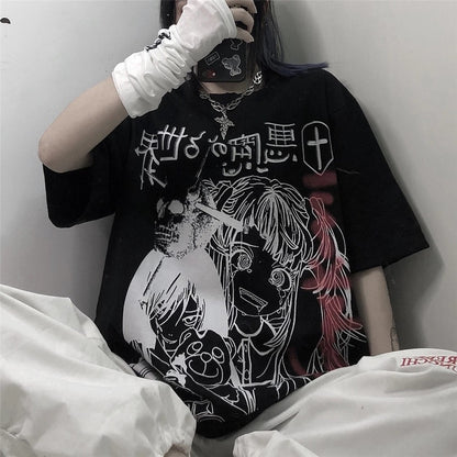 Dark Anime Girl Cartoon Print Loose Short Sleeve T-shirt Top Summer Causal Goth Punk E-Girl Kawaii Korean Japanese Harajuku Streetwear