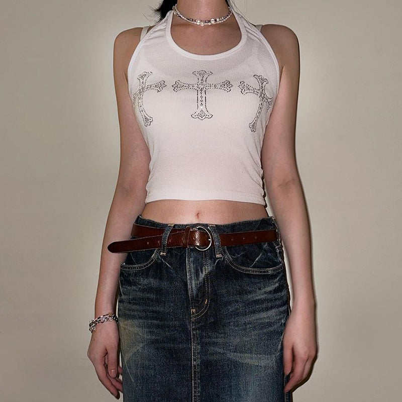 White Cross Rhinestone Halter Top