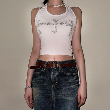 White Cross Rhinestone Halter Top