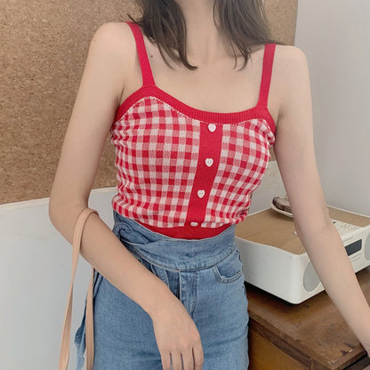 Cute Sexy Sweet Knit Plaid Checkered Botton Cami Crop Top Shirt Tee T-shirt E-Girl Kawaii Korean Japanese Harajuku Chinese Retro Streetwear Aesthetic