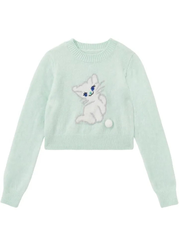Blue Cat Print Cropped Sweater