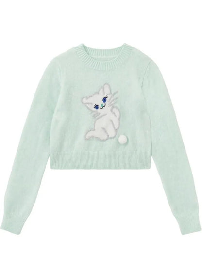 Blue Cat Print Cropped Sweater