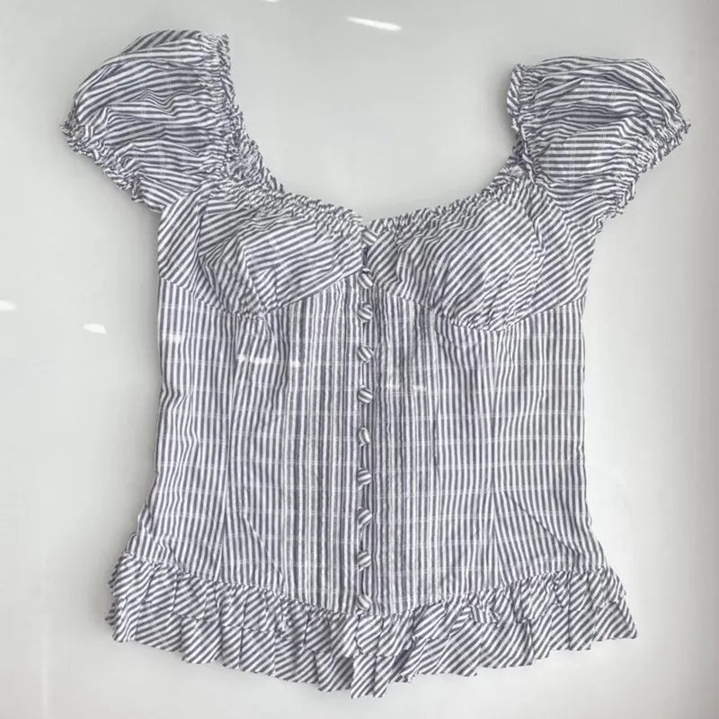 Plaid Milkmaid Ruffle Puff Sleeve Top