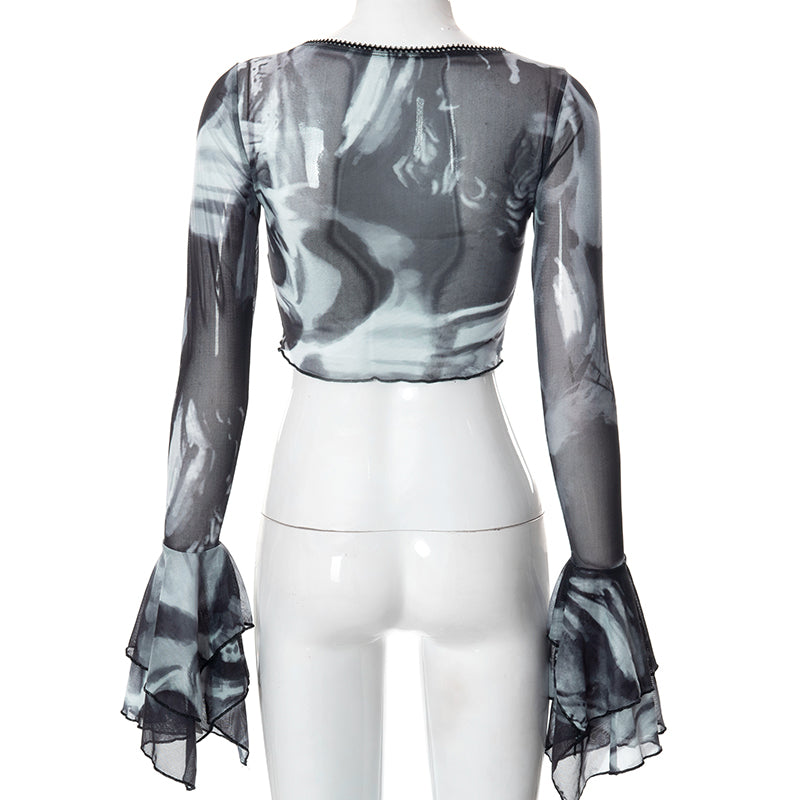 Y2K Punk Print Flare Long Sleeve Top