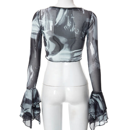 Y2K Punk Print Flare Long Sleeve Top