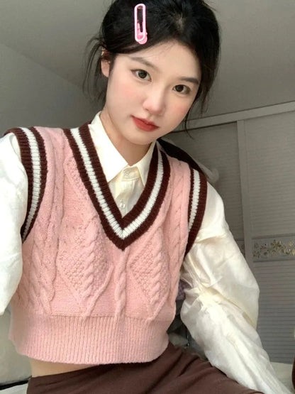 Pink Cable Knit V Neck Sweater Vest