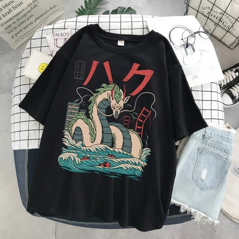 Cute Black Dragon Anime Cartoon Print Oversize Loose Short Sleeve T-shirt Aesthetic Casual Summer E-Girl Kawaii Korean Japanese Harajuku Street