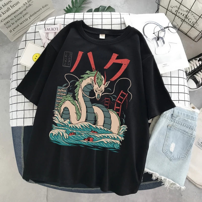 Cute Black Dragon Anime Cartoon Print Oversize Loose Short Sleeve T-shirt Aesthetic Casual Summer E-Girl Kawaii Korean Japanese Harajuku Street