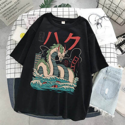 Cute Black Dragon Anime Cartoon Print Oversize Loose Short Sleeve T-shirt Aesthetic Casual Summer E-Girl Kawaii Korean Japanese Harajuku Street