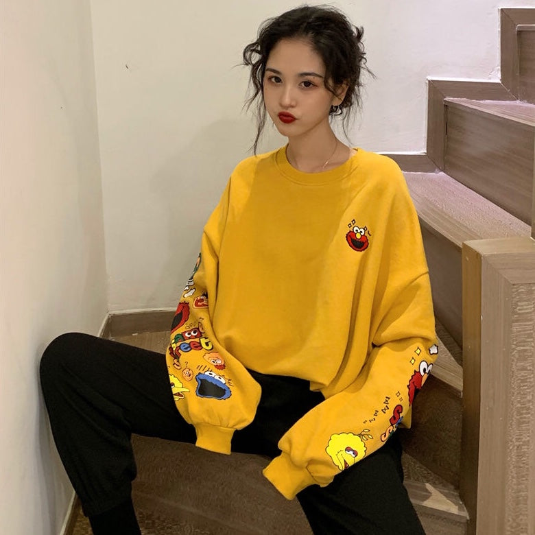 Funny Elmo Cartoon Print Loose Oversized Long Sleeve Sweatshirt Sweater Pullover Jumper Causal E-Girl Kawaii Korean Japanese Harajuku Streetwear