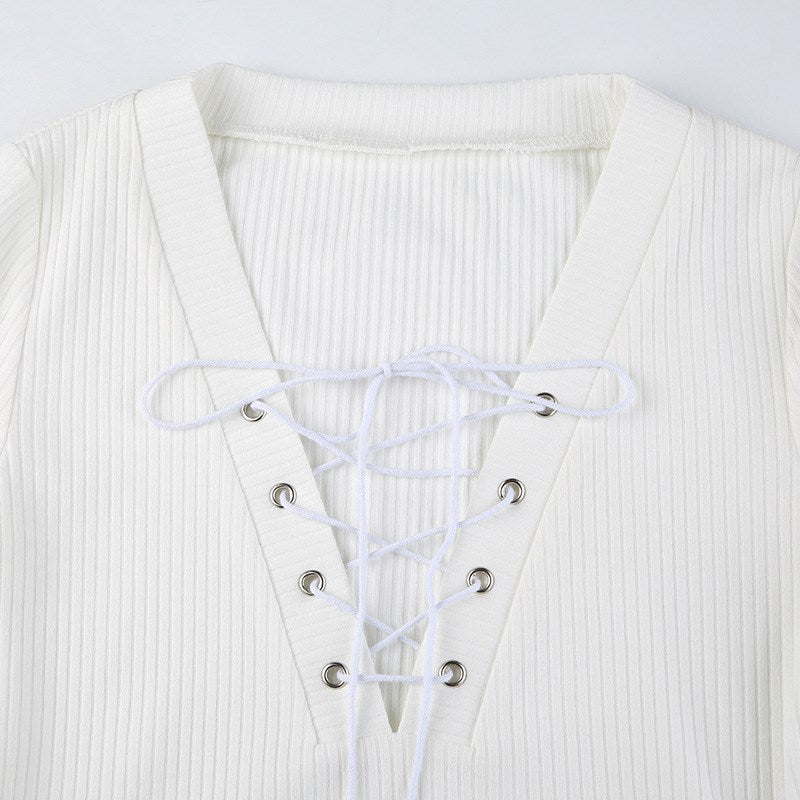 White Knit V Neck Long Sleeve Shirt