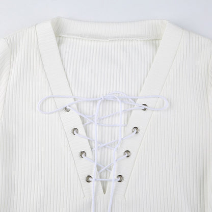 White Knit V Neck Long Sleeve Shirt