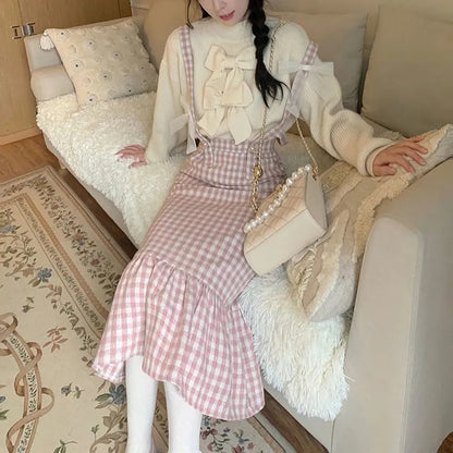 Pink Plaid High Waist Long Skirt