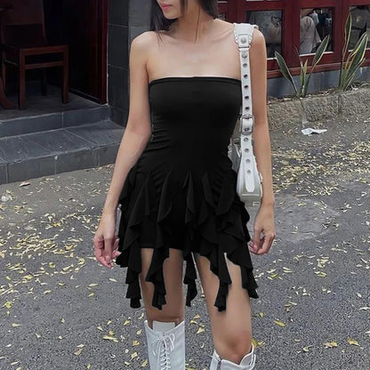 Black Ruffle Tassel Mini Dress