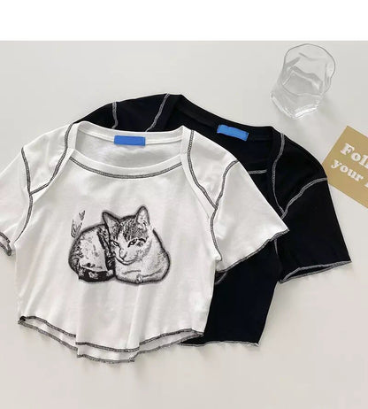 Cat Cartoon Graphic Print Short Sleeve Shirt Crop Top Summer Aesthetic Casual E-Girl Kawaii Korean Japanese Harajuku
