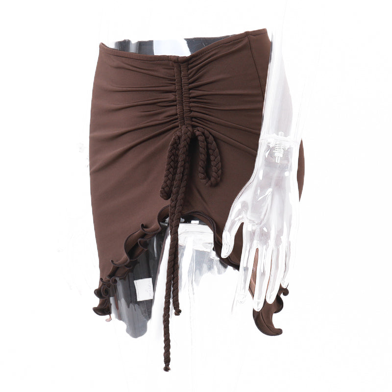 Brown Y2k Irregular Drawstring Low Waist Mini Skirt