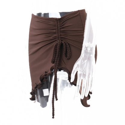 Brown Y2k Irregular Drawstring Low Waist Mini Skirt