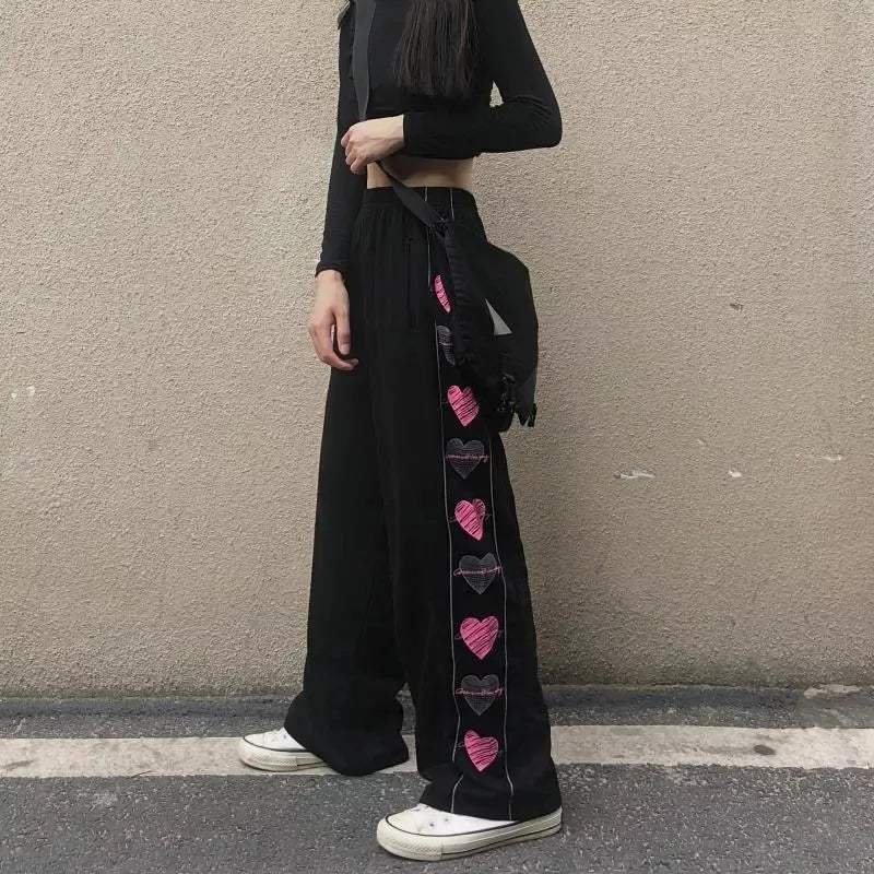 Black Heart Print Wide Leg Trousers