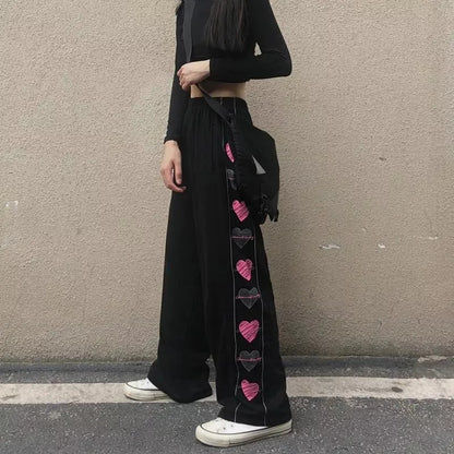 Black Heart Print Wide Leg Trousers