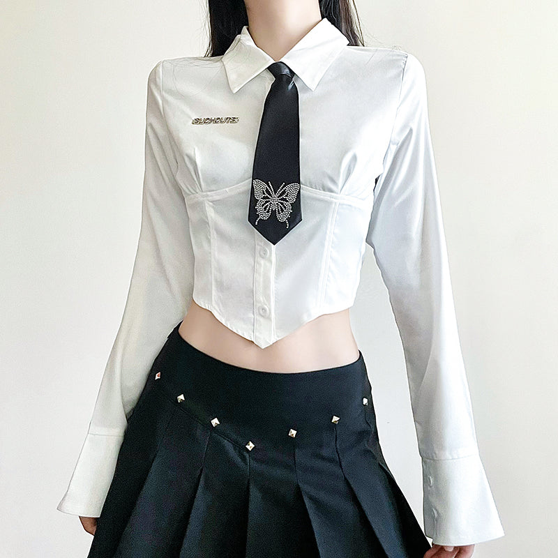 White Butterfly Rhinestone Tie + Long Sleeve Shirt Set