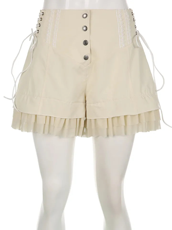 Beige Coquette Patchwork Tie Up High Waist Shorts