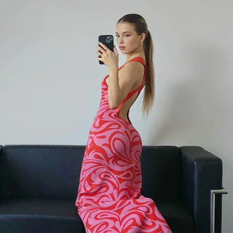 Pink & Red Pattern Criss Cross Split Hem Dress