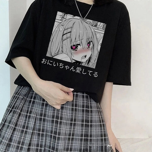Cute Anime Sweet Girl Cartoon Short Sleeve T-shirt Print Punk Goth Loose Aesthetic Casual Summer E-Girl Kawaii Korean Japanese Harajuku