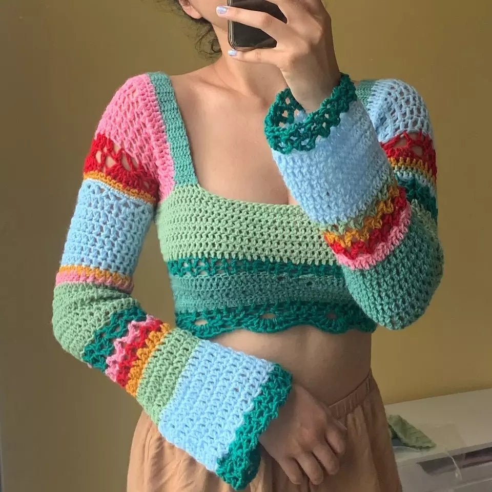 Rainbow Crochet Long Sleeve Drawstring Crop Top