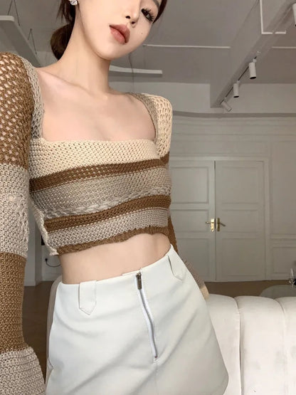 Brown Crochet Bell Sleeve Cut Out Long Sleeve Shirt