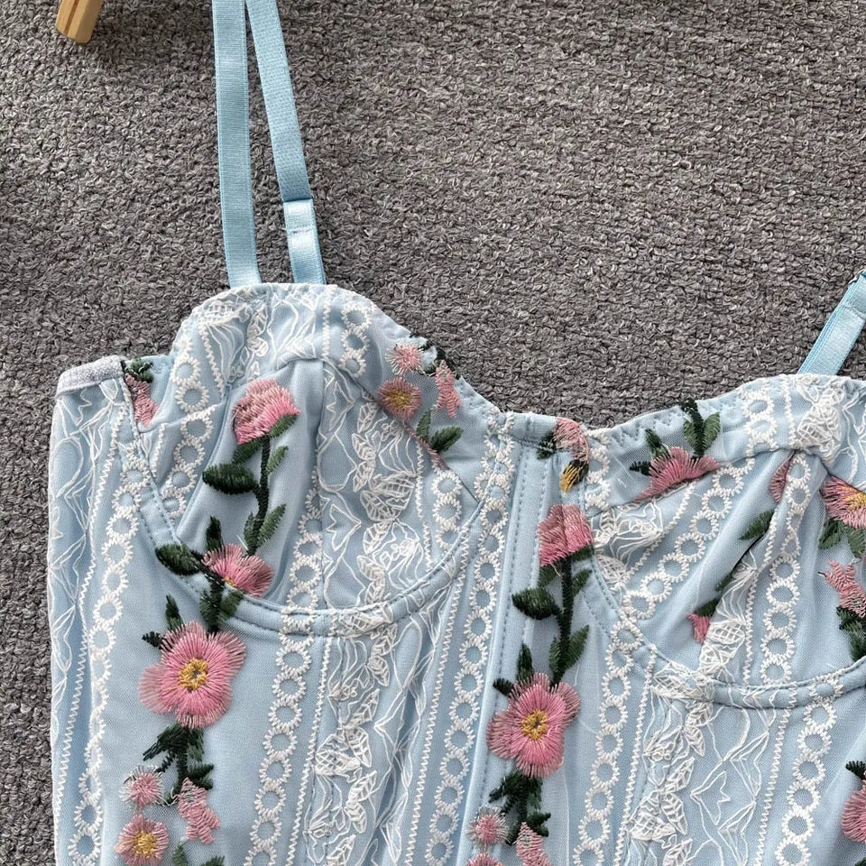 Blue Floral Embroidery Corset Top
