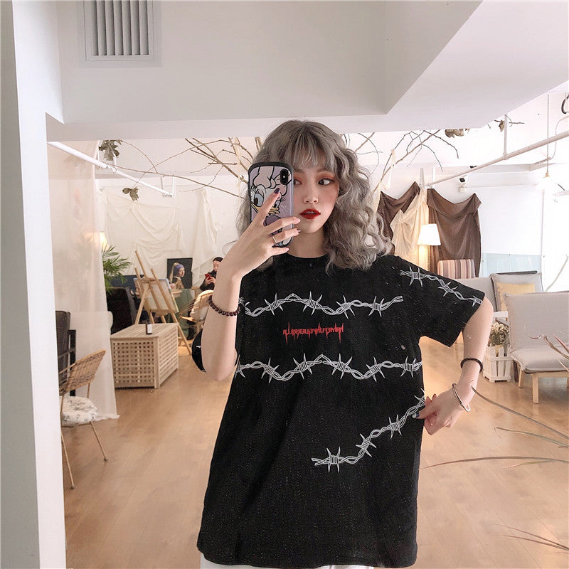 Cute Casual Vintage Punk Goth Print Crop Top Short Sleeve Shirt Tee T-shirt E-Girl Kawaii Korean Japanese Harajuku Chinese Retro Streetwear Aesthetic