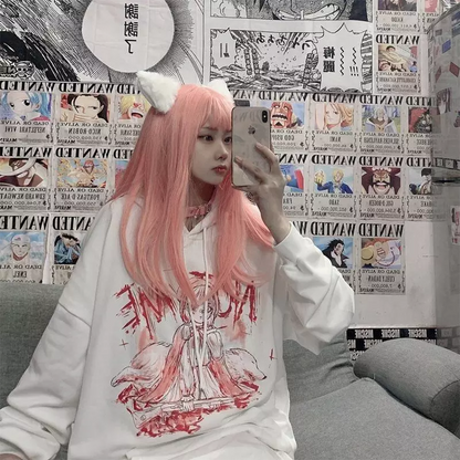 Pastel Pink Anime Girl Cartoon Loose Casual Hoodie Sweatshirt Sweater Long Sleeve Pullover Jumper E-Girl Kawaii Korean Japanese Harajuku Streetwear