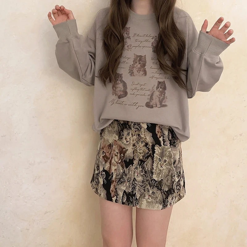 Cat Letter Print Loose Sweatshirt
