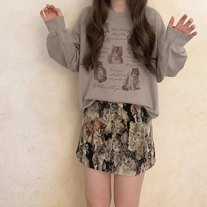Cat Letter Print Loose Sweatshirt