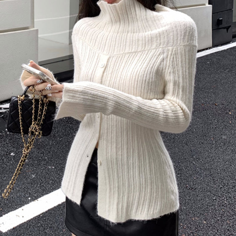 White Button Up Split Slash Neck Sweater