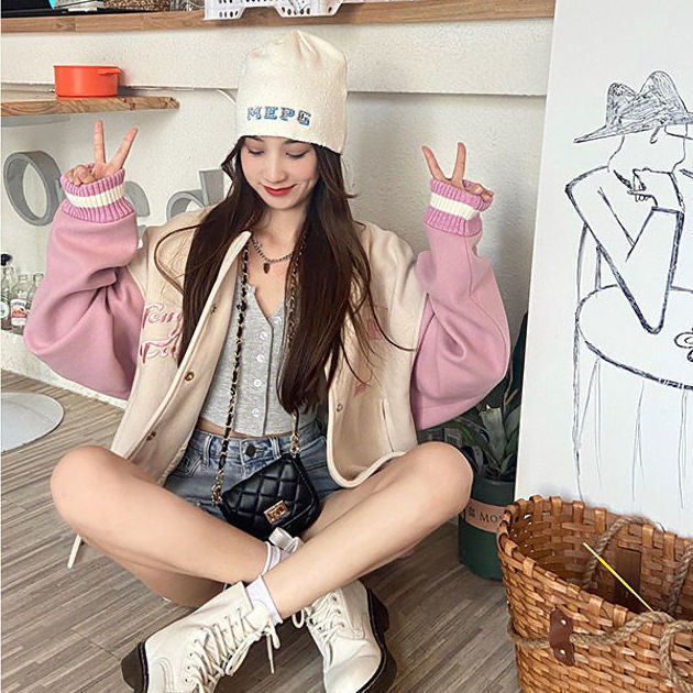 Pink Patchwork Oversized Varsity Jacket