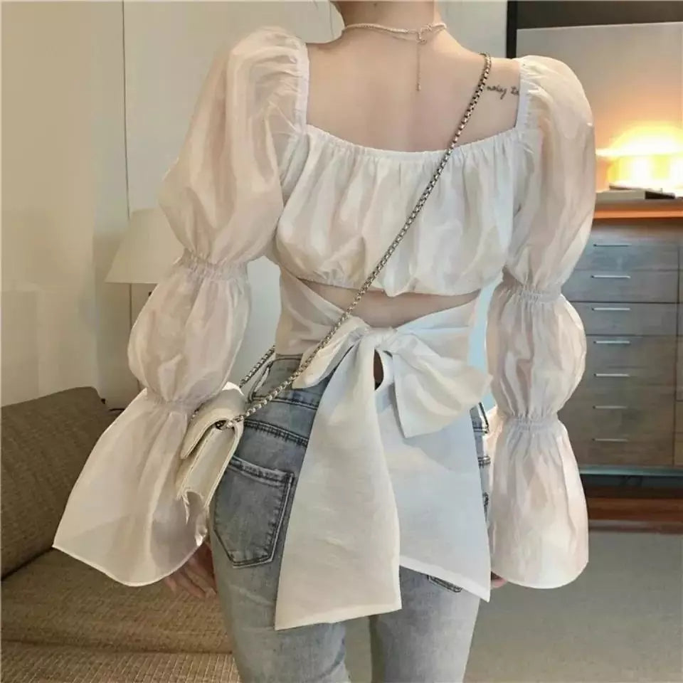 Cute Pink Back Puff Sleeve French Bow Bandage Long Sleeve Shirt Blouse Crop Top Square Neck Aesthetic Casual E-Girl Kawaii Korean Japanese Harajuku
