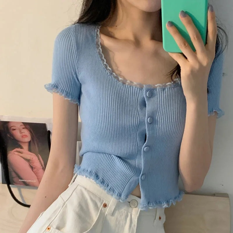 Yellow Lace Knit Short Sleeve Top