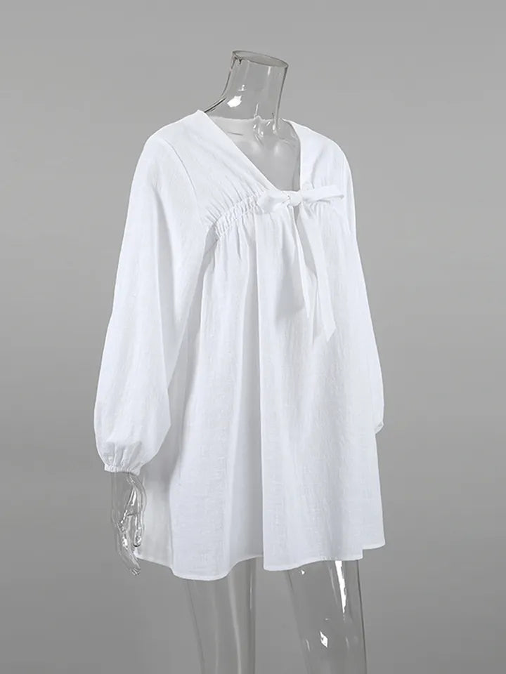White Cotton Lantern Long Sleeve Dress