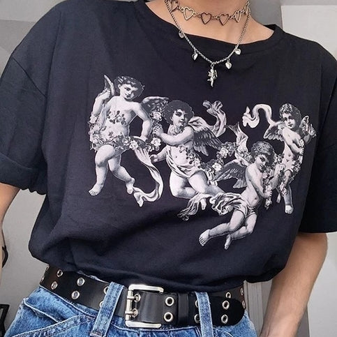 Cute 90s Angel Art Cartoon Print Short Sleeve T-shirt Vintage Punk Aesthetic Casual Summer E-Girl Kawaii Korean Japanese Haraju