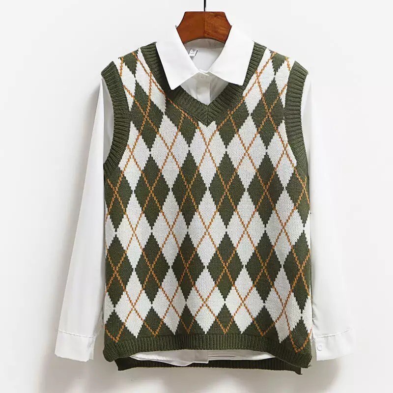 Cute Argyle V Neck Sleeveless Vest Knit Sweater Pullover Jumper Tank Top Autumn Aesthetic E-Girl Kawaii Korean Japanese Harajuku Streetwear