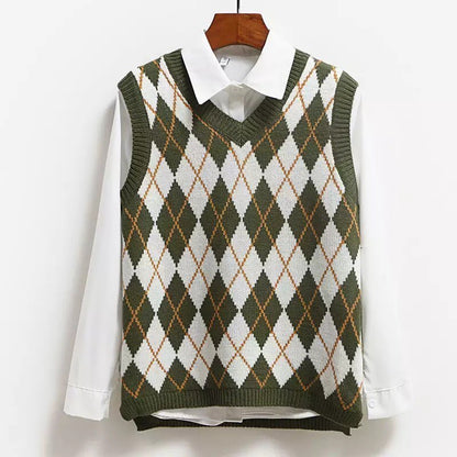 Cute Argyle V Neck Sleeveless Vest Knit Sweater Pullover Jumper Tank Top Autumn Aesthetic E-Girl Kawaii Korean Japanese Harajuku Streetwear