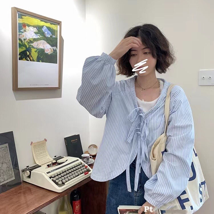 Blue Striped Bandage Long Sleeve Blouse